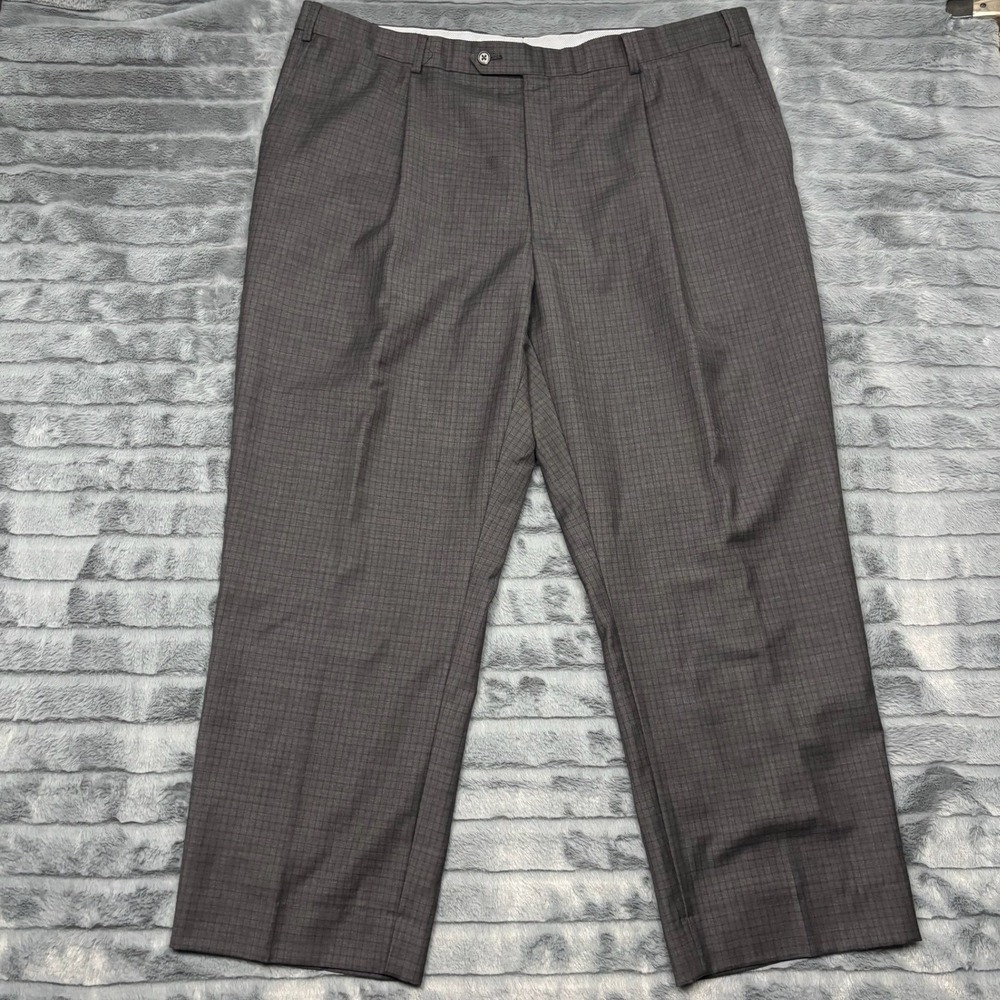 Hart Schaffner Marx Mens 42R Brown Wool Pleated Micro Check Dress Pants Trousers